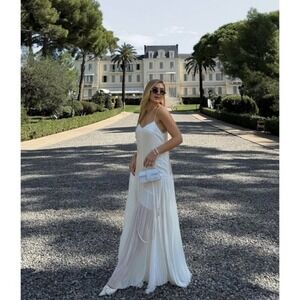 Commense Semi-Sheer ‎ Maxi Dress White Flowy Pleated Party Wedding Guest Gown S
